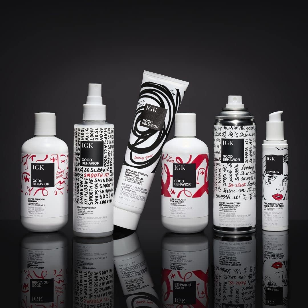 IGK Crybaby Smoothing & Finishing Serum bottle showing high shine and frizz control, with sleek packaging and product label.