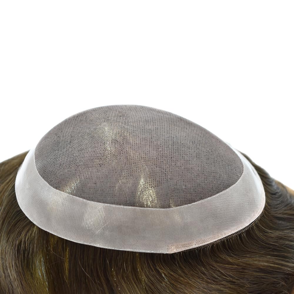 Curve Hair men's monofilament toupee in very light brown, 7x9 inches, designed for a natural look and comfortable fit.