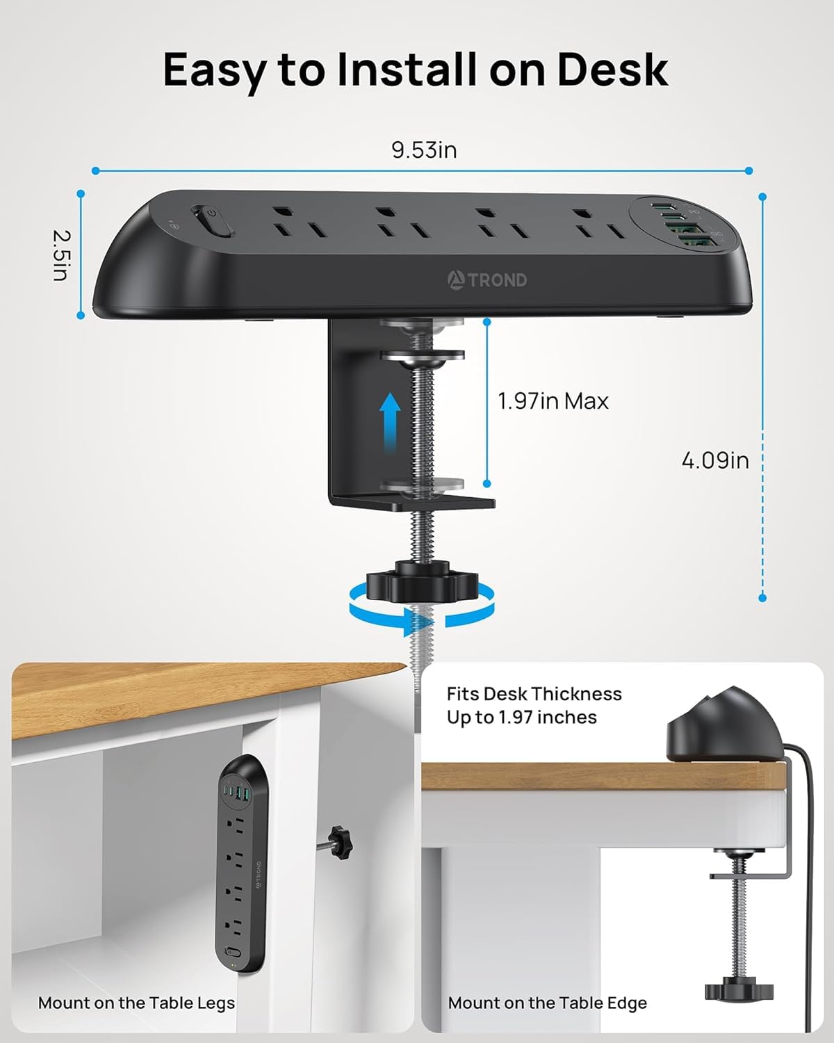 TROND Desk Clamp Power Strip USB C PD 20W Flat Plug 6ft - TROND Official Imagery - 4