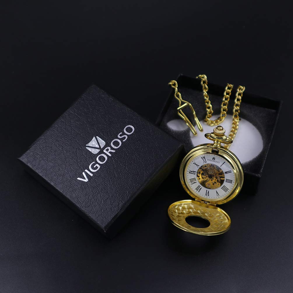 VIGOROSO Gold Mechanical Pocket Watch with Chain for Men