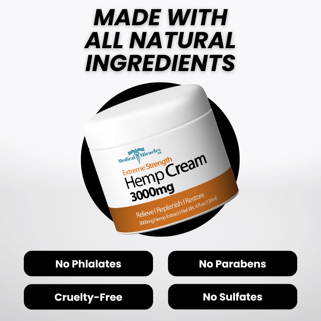Medical Miracles Hemp Relief Cream 3000mg 4oz jar, showing the white cream inside the container for personal health care.