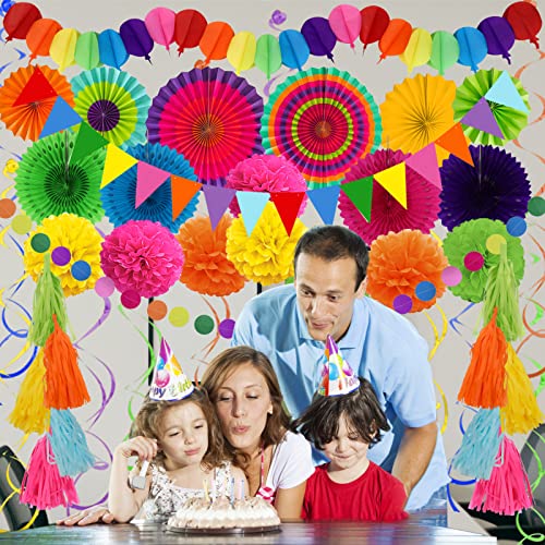 Party Decorations, 41 Pcs Multicoloured Papar Fans Pompoms - Product Imagery