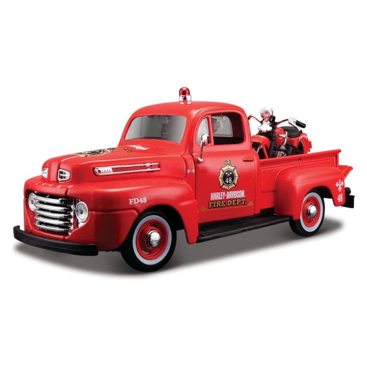 Maisto 1:24 scale die-cast Harley Davidson 1936 EL Knucklehead motorcycle and 1948 Ford F-1 truck model.