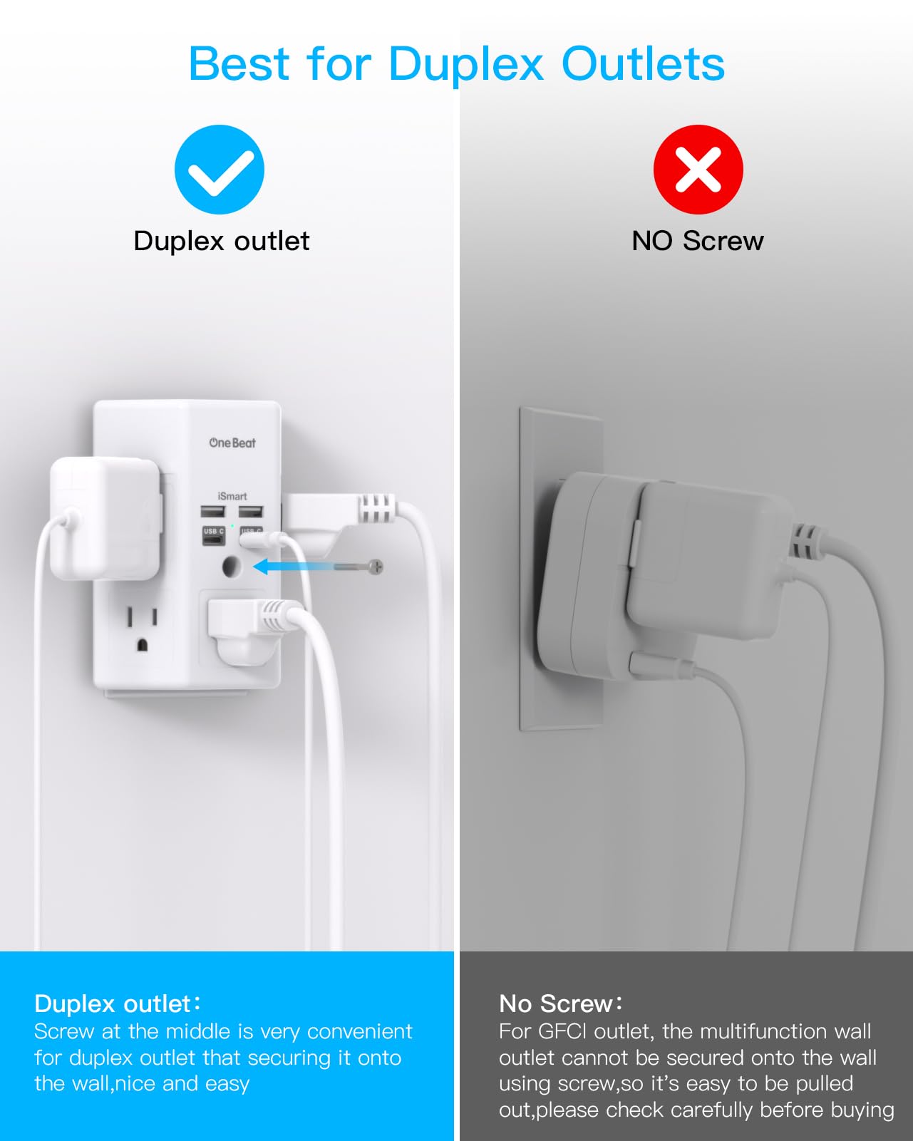 One Beat Surge Protector Wall Outlet Extender,3-Sided Outlet Splitter 1680J - One Beat Official Product View 3