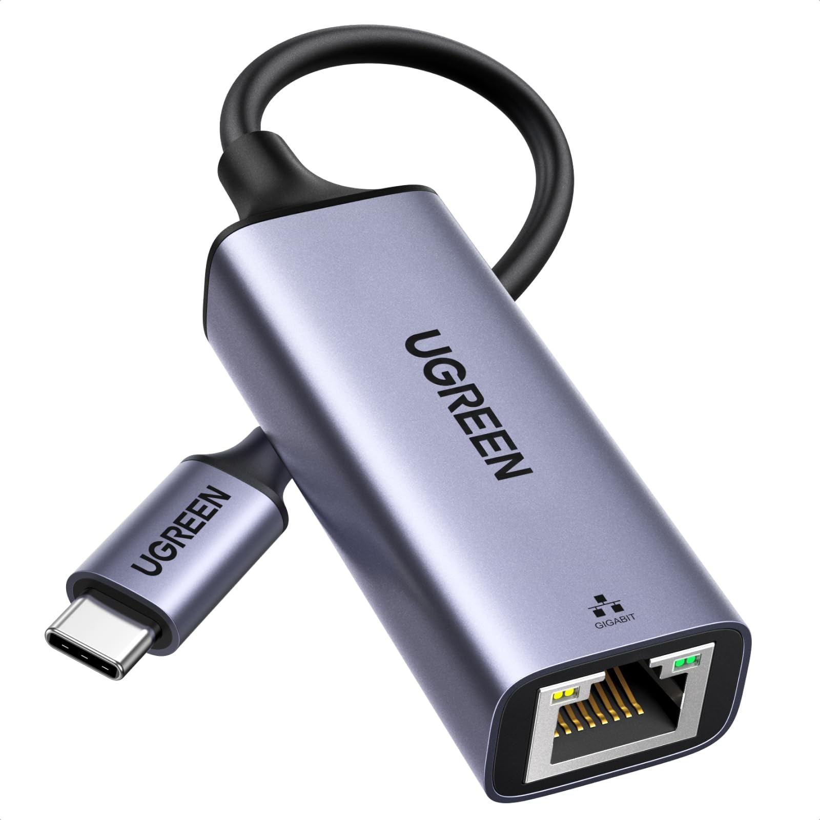 UGREEN USB C to Ethernet adapter with aluminum body, providing 1Gbps network connection for laptops and devices.