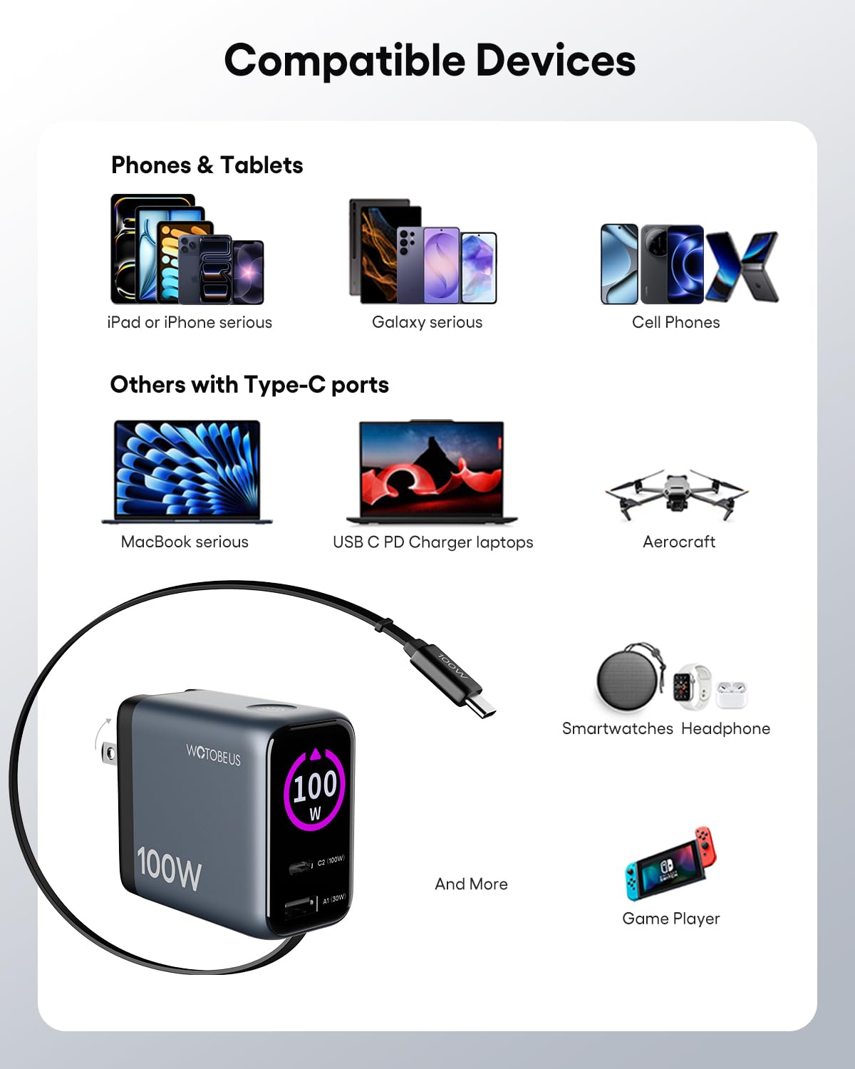WOTOBEUS GaN+ 100W PD charging adapter with retractable USB-C port, smart display, touch control, for iPhone, MacBook, Galaxy, Pixel