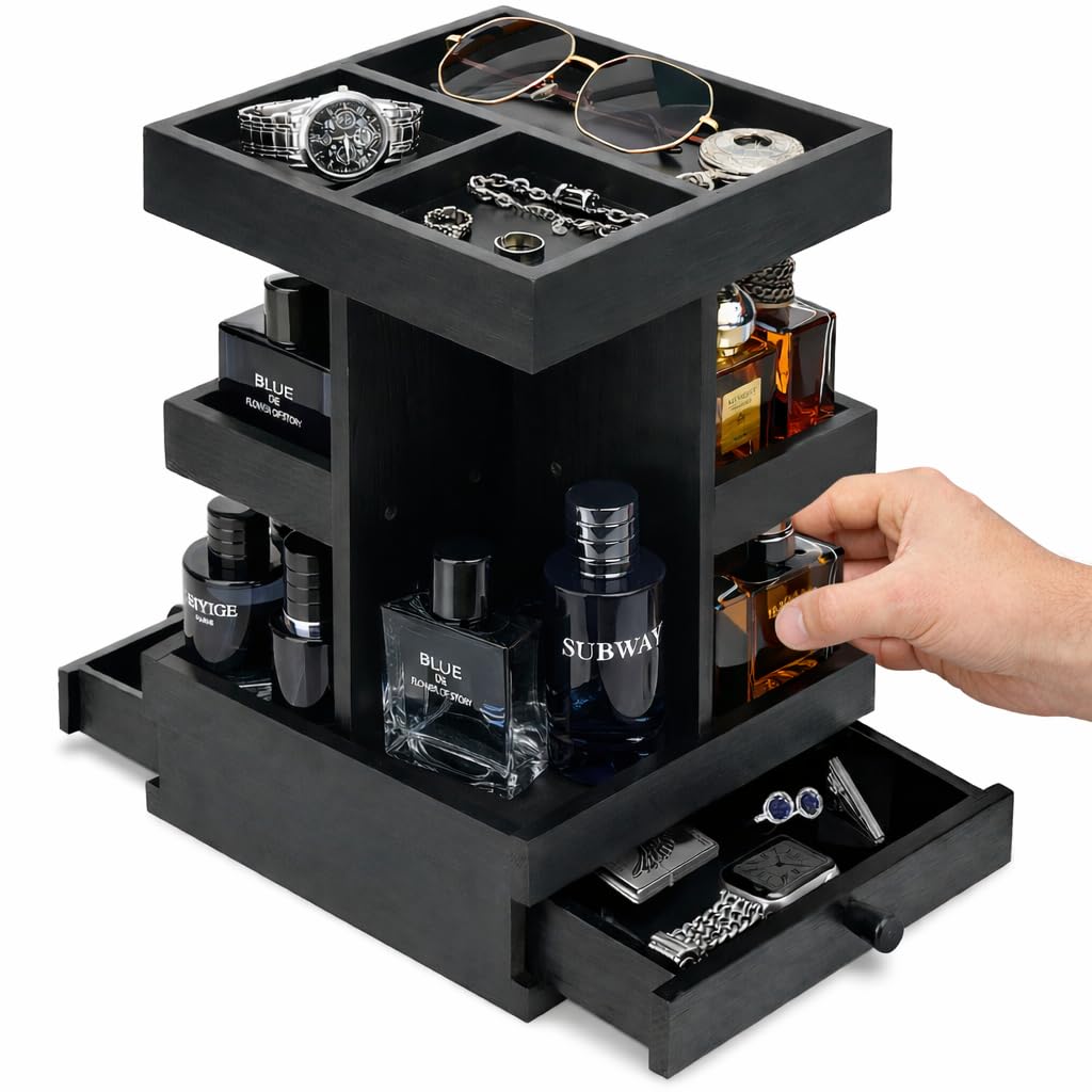 Rotating Cologne Organizer for Men Black Wooden Perfume - VYNOPA Official Imagery - 1