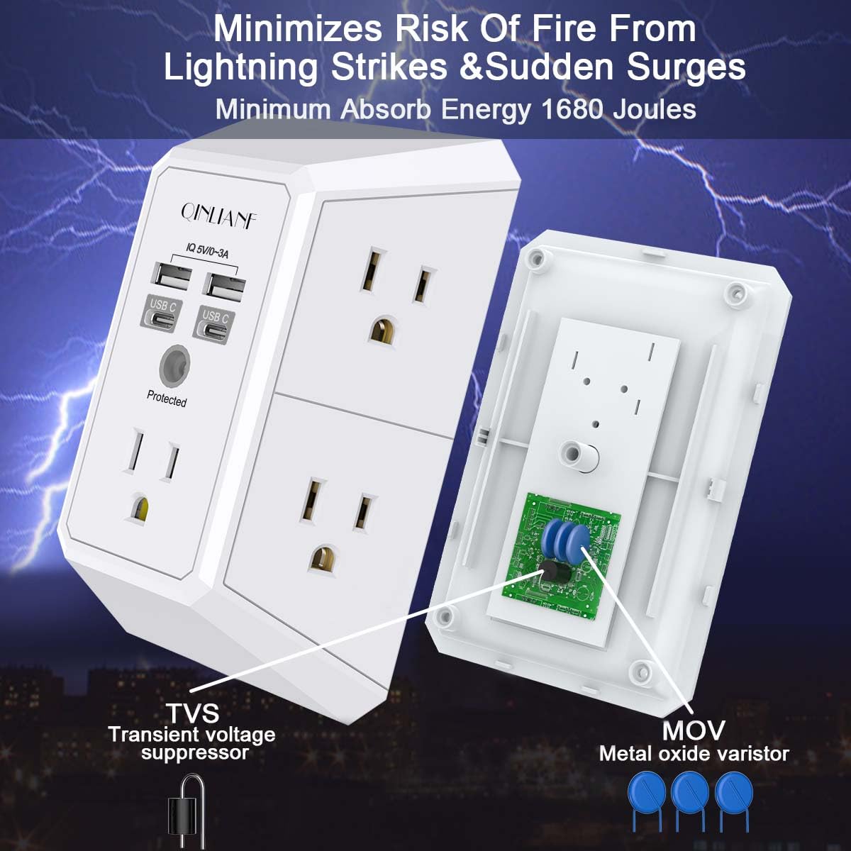 Surge Protector, QINLIANF 5 Outlet Extender with 4 USB Ports by QINLIANF - Angle View 5
