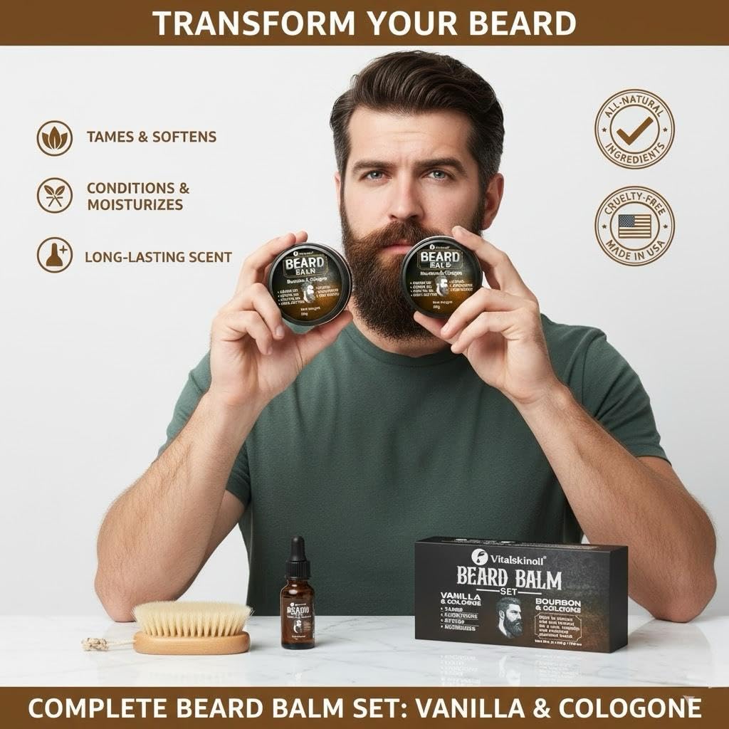 Beard Balm Set for Men Sandalwood Cologne Scented 2 Pack Set - VITALSKINOIL Official Imagery - 6