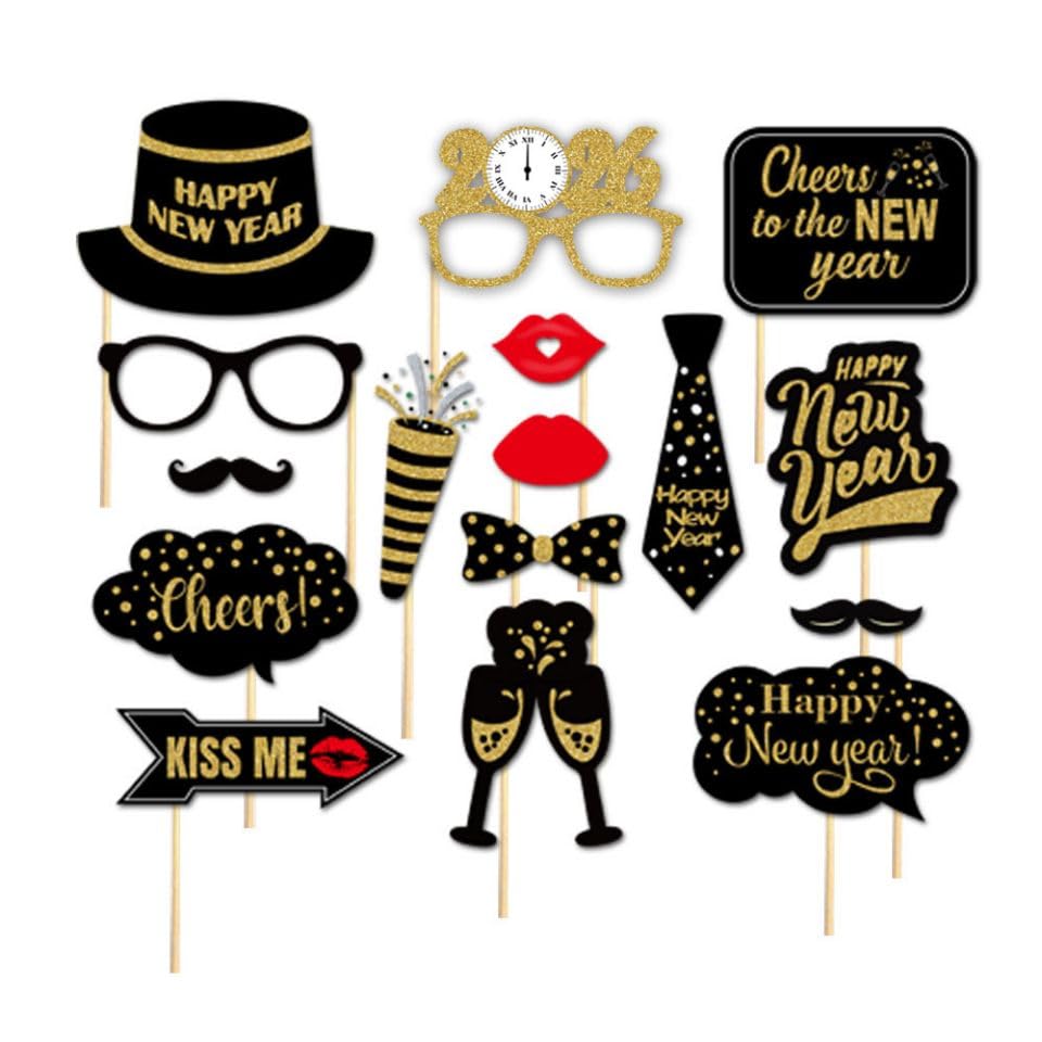 SWYOUN Glitter Happy New Year's Eve 2026 Party Photo Booth Props - Product Imagery