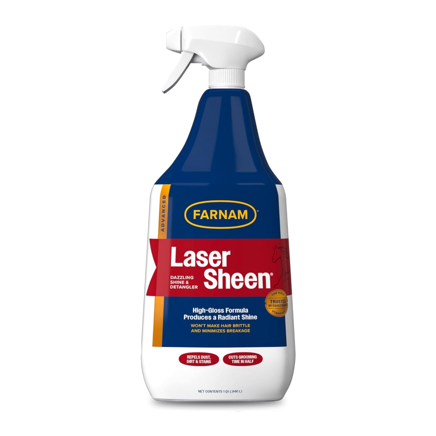 Farnam Laser Sheen horse spray in 32 oz bottle, shiny finish, detangles, repels dirt and stains on equine coat, ready-to-use.