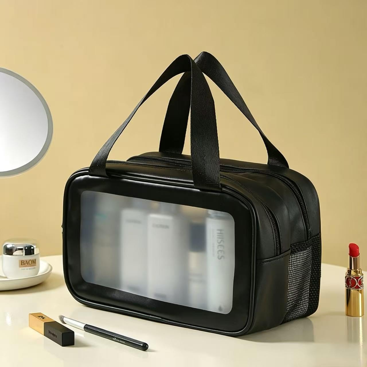Clear PVC Cosmetic Bag, Waterproof Travel Toiletry Organizer with Handles, Wet and Dry Separation Makeup Storage Bag (blue)