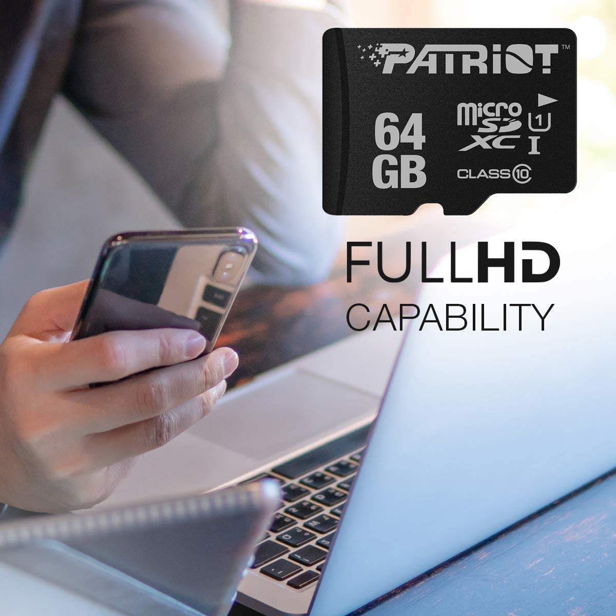 Patriot LX Series 64GB Micro SD flash memory card showing the front label and storage capacity from Patriot Memory.