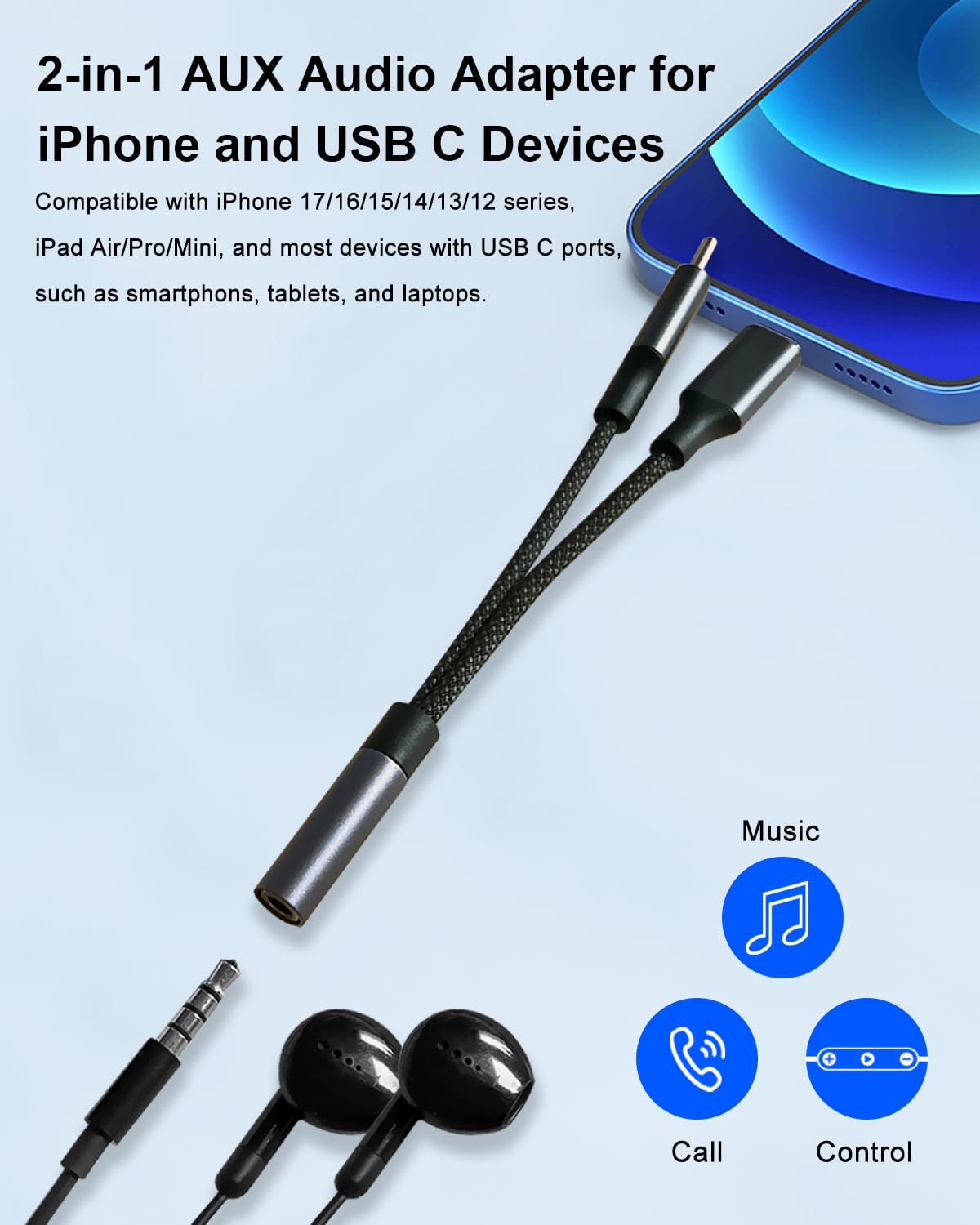 AreMe 2-in-1 Headphone Adapter for Lightning & USB C to 3.5mm Aud by AreMe - Angle View 3