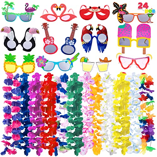 JOYIN 12 Pieces Luau Party Glasses and 12 Pieces Hawaiian Leis, - Product Imagery
