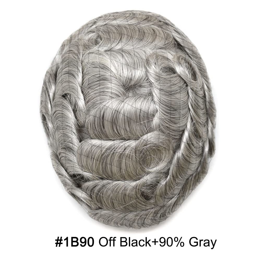 Curve Hair Mens Toupee Human Hair Piece Replacement System Monofilament Wig Hair Unit for Men Durable Poly Coated Mens Hairpiece (#1B90 Off Black+90% Gray, 6"X8")