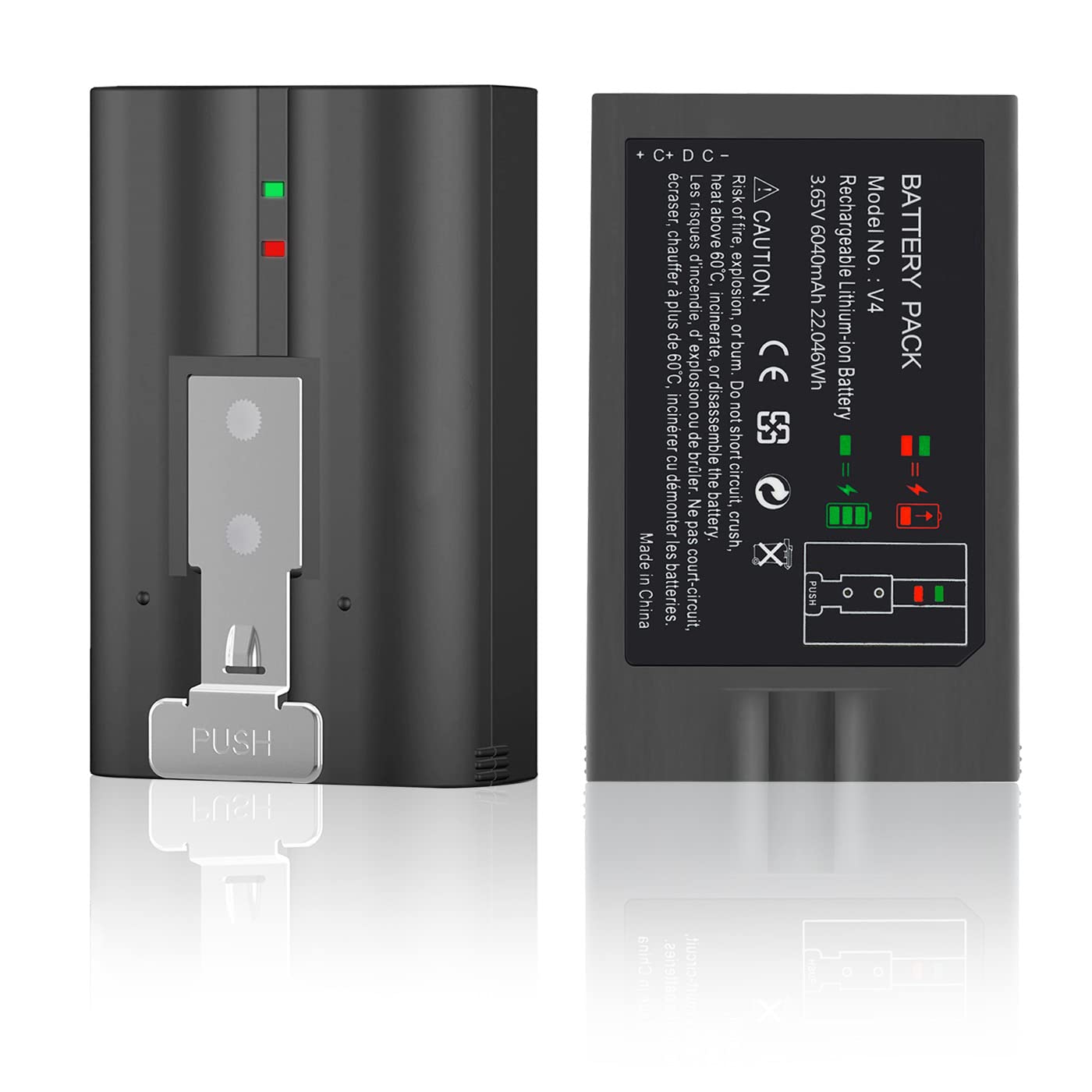 YUELAN 2-pack 6040mAh ring batteries with dual charger for rechargeable camera or device batteries, black and compact design.