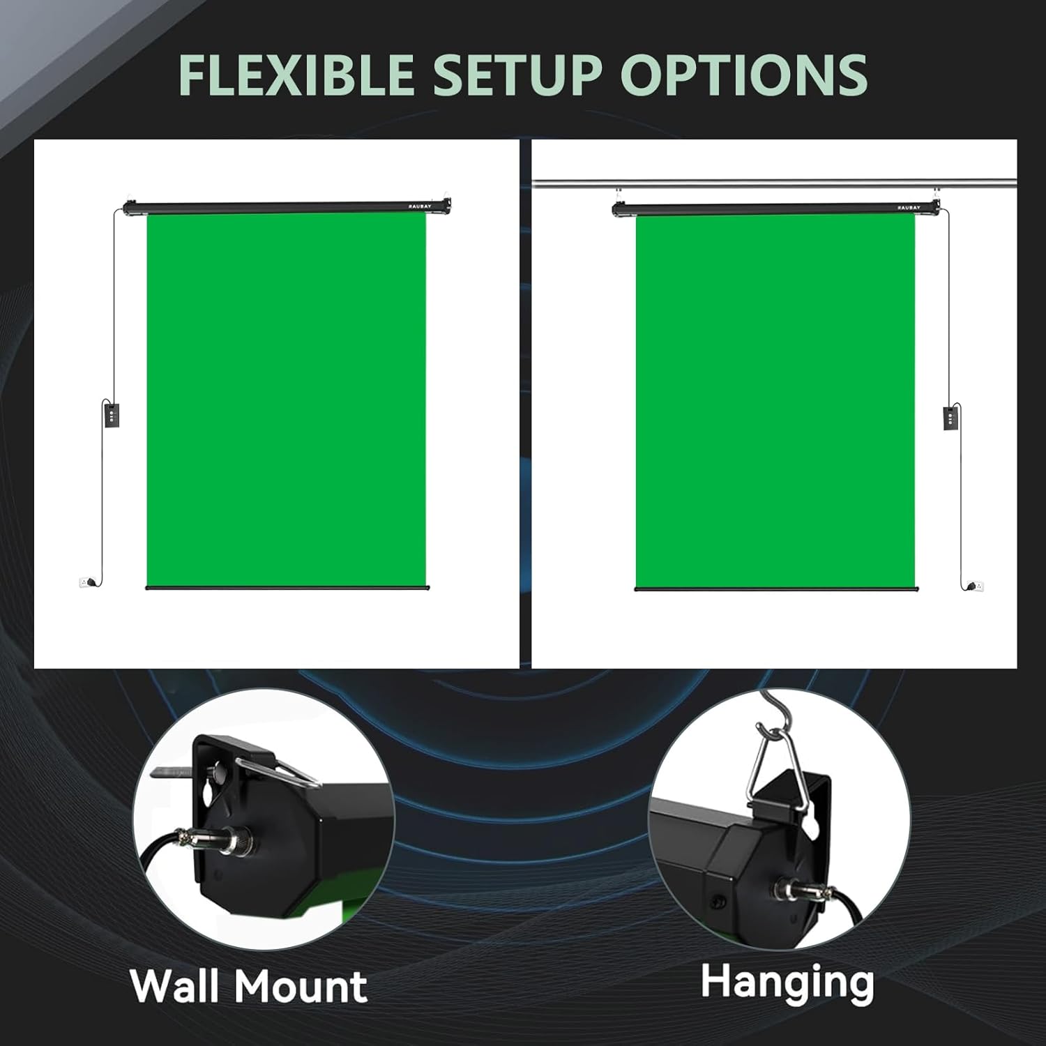 RAUBAY motorized pull-down green screen measuring 59.8" x 86.6", wall-mount collapsible green backdrop for video and photography.