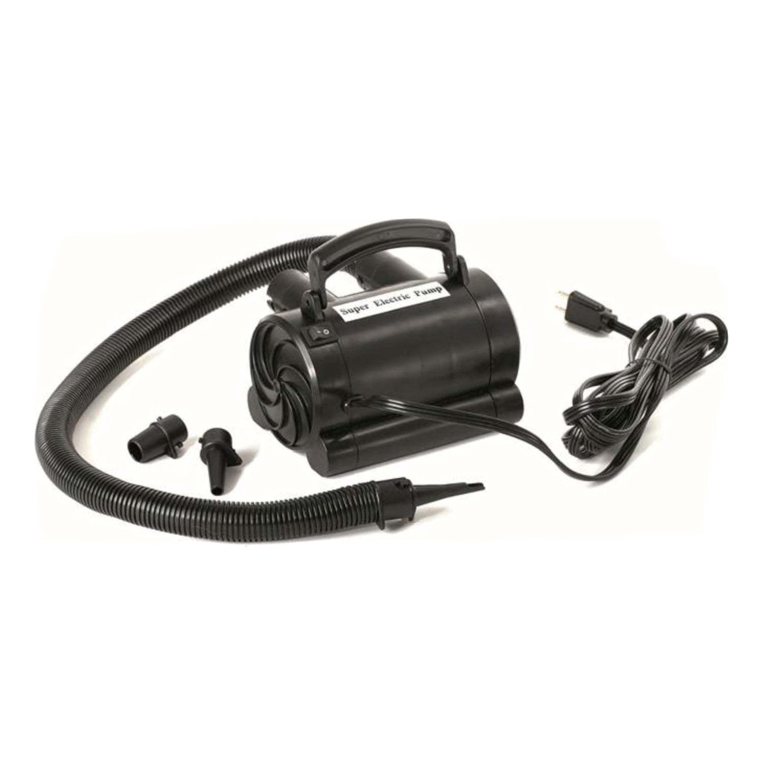 Swimline electric pump for inflatables with nozzle attachments, compact design for quick and easy inflation of pool toys and floats.