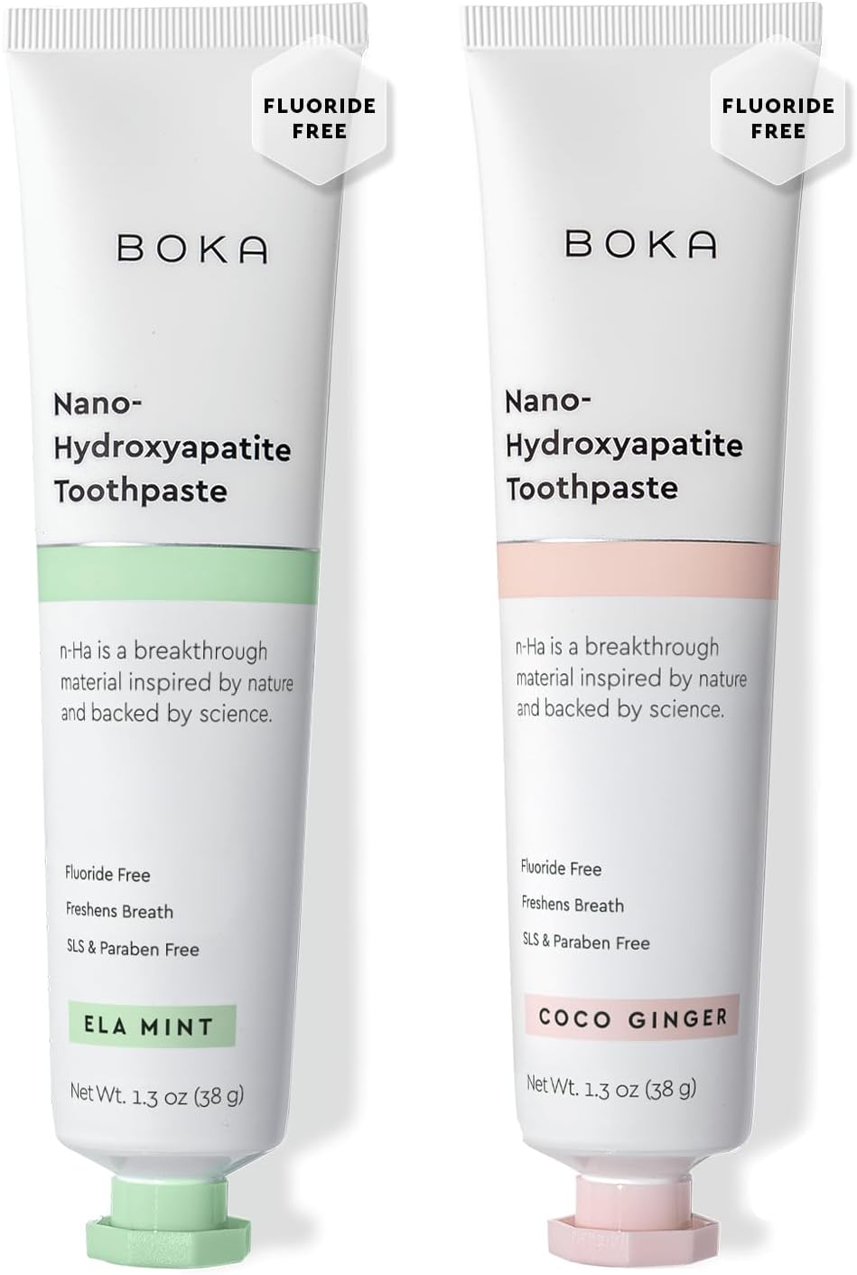 Boka fluoride-free nano hydroxyapatite toothpaste for sensitive teeth, showing a tube with mint flavor and gentle whitening features.