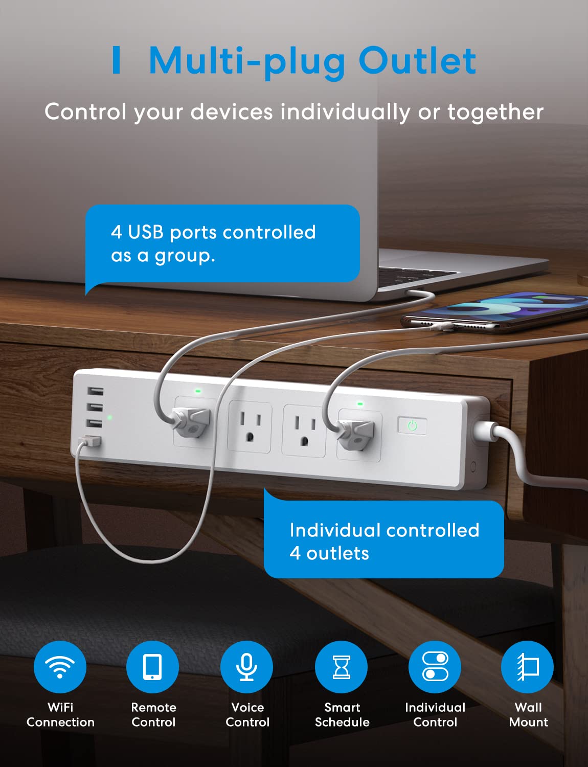 meross Smart Plug Power Strip PD 20W USB C 15A WiFi Flat - meross Official Imagery - 4