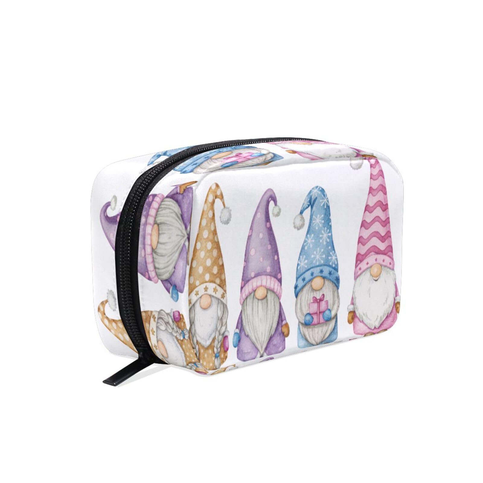 JUZIHAI Watercolor Cute Gnomes Makeup Bag for Purse, Travel Cosmetic Organizer Pouch with 5 Compartments, Small Portable Zipper Toiletry Bag for Women