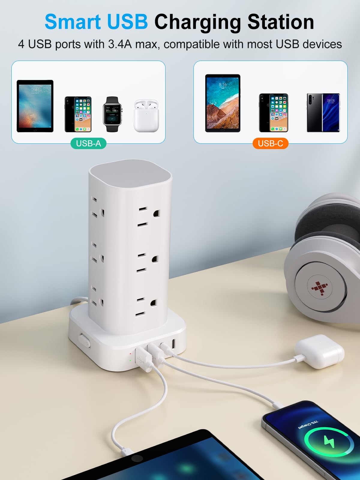 UWIWUTEI 6FT Power Strip Tower with Wireless Charger,Surge Protector with 12 Out - UWIWUTEI Official Product View 5