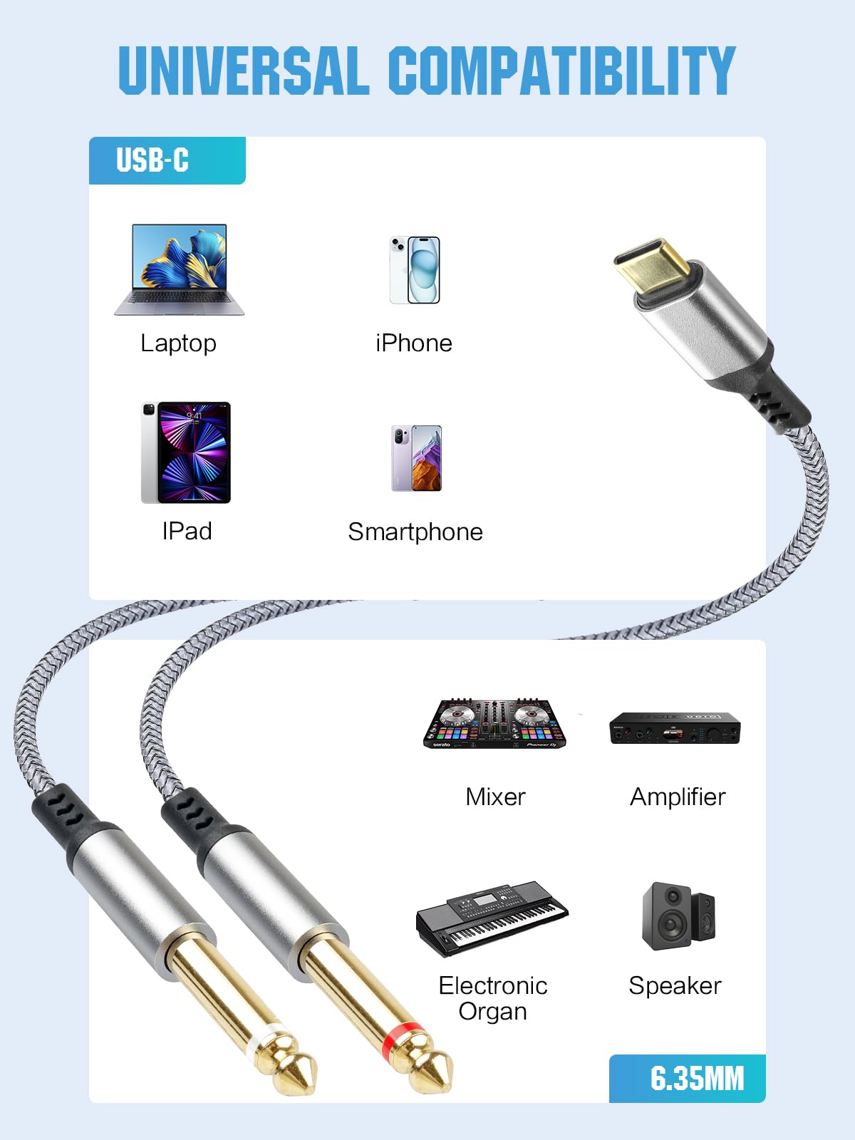 gudxfj 2 Pack USB C to 1/4 Audio Cable 6.35mm TS to Type C Y-Spli by gudxfj - Angle View 3
