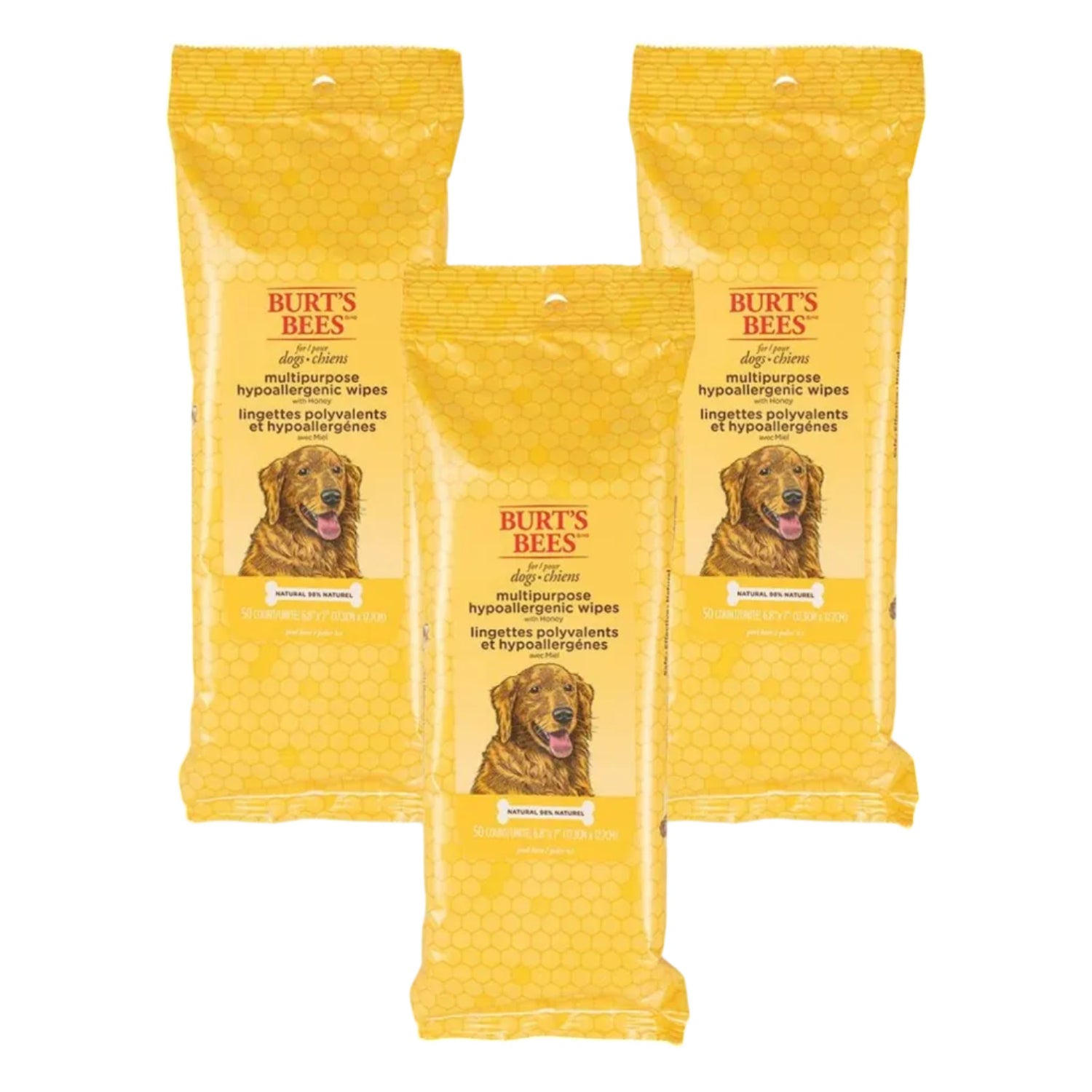 Burt's Bees for Pets honey multipurpose dog grooming wipes with gentle, hypoallergenic formula, shown in a resealable package.