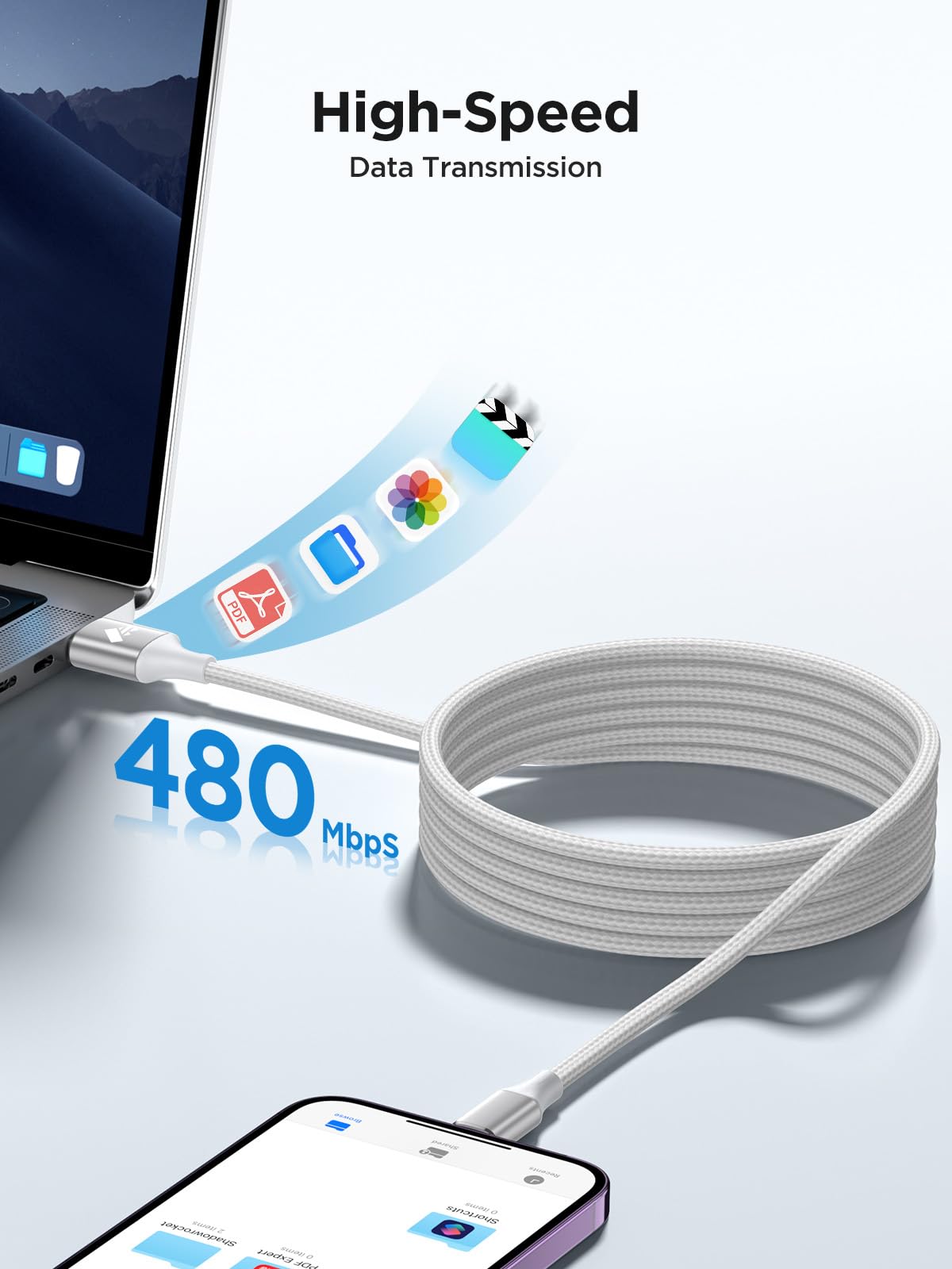 Aioneus Apple MFi Certified 6FT braided iPhone charger cable with USB to Lightning connector for fast charging iPhone and iPad models.