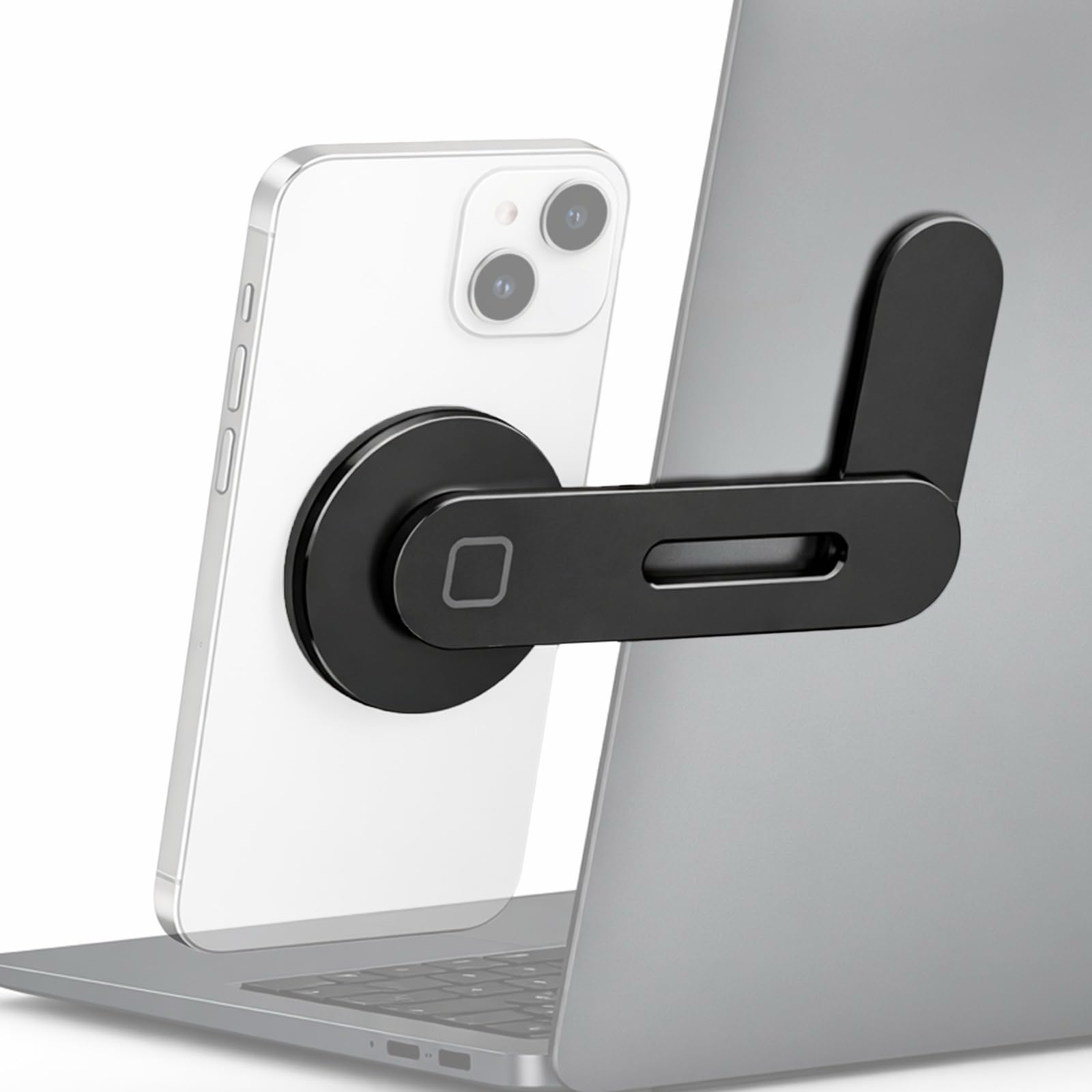 Magnetic Phone Holder for Laptop, Adjustable Aluminum Side Mount Phone Stand for Laptop Screen, Monitor or Desk, Space Saving Magnetic Smartphone Holder (Black)