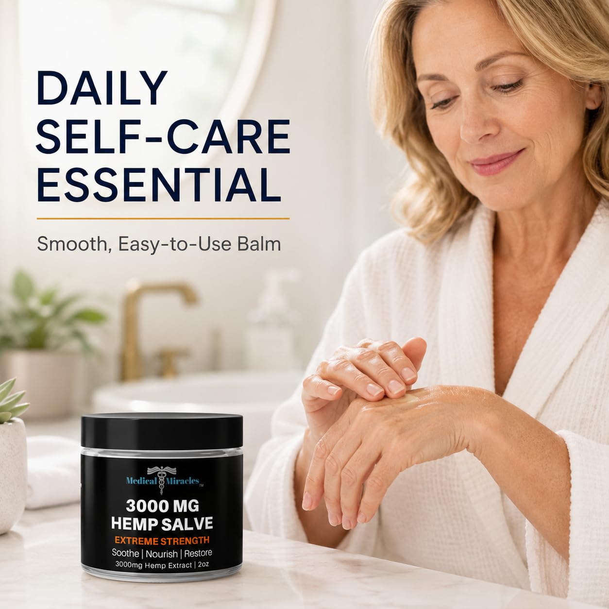 Medical Miracles hemp salve in a jar, designed for hips, joints, neck, and back relief, made with high-quality ingredients.