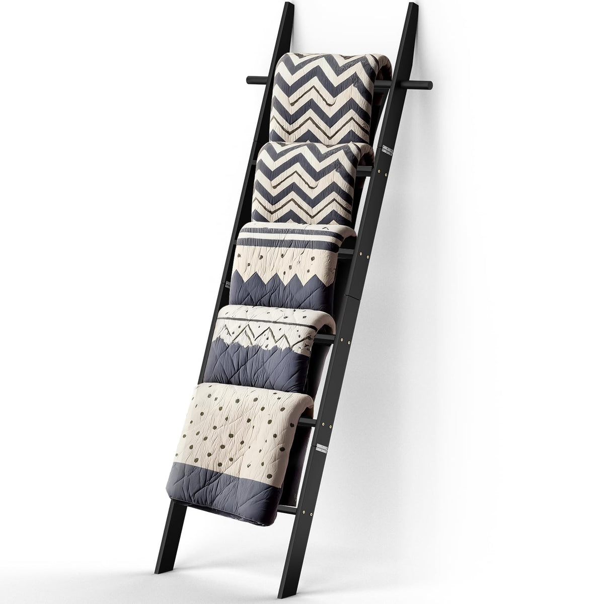 Farmhouse Wooden Blanket Ladder with Removable Hooks Black 6 - chilinii Official Imagery - 1