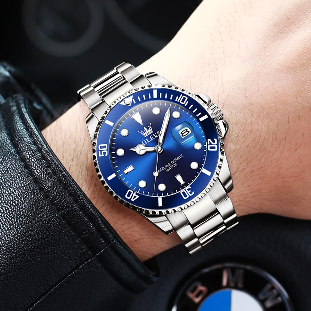 OLEVS Men's Silver & Blue Ocean Dial Dress Watch Quartz Date
