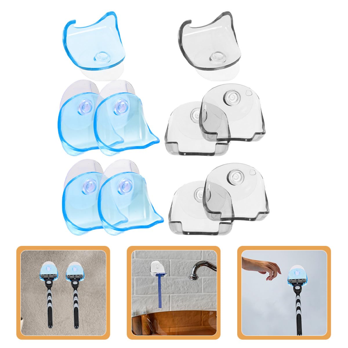 ARTIBETTER 10pcs Plastic Razor Stand with Suction Cup Holder for Shower Wall, Razor Storage Rack in Blue and Gray, Bathroom Shaver Hanging Organizer for Men’s Shaving Accessories