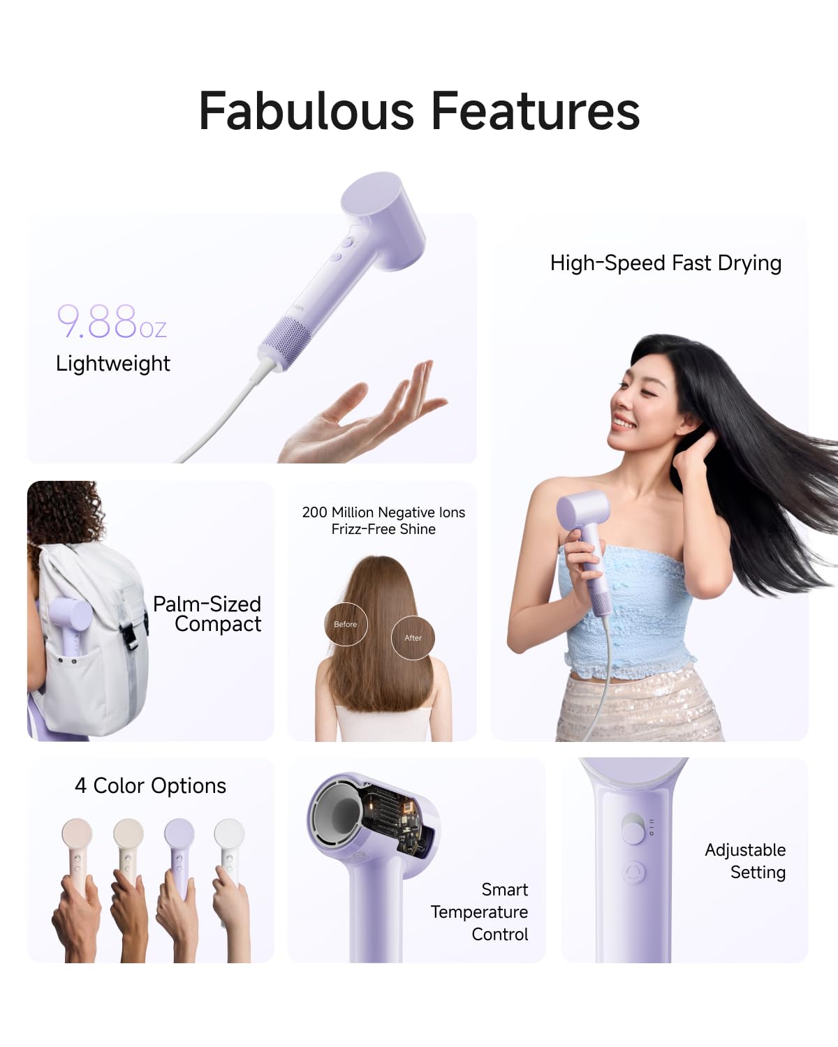 Laifen Air Ionic Hair Dryer, Palm-Sized, Fast Dry, Purple