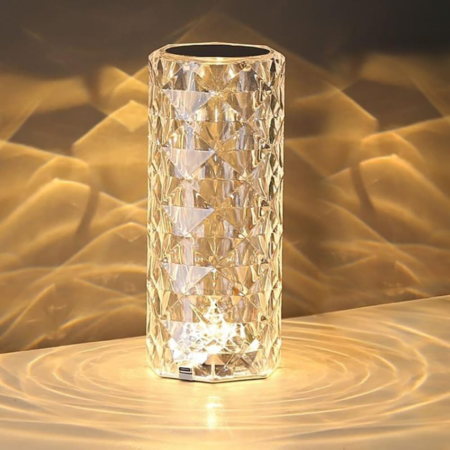 Leroxo portable crystal table lamp with touch control, rechargeable, featuring three adjustable color options and a elegant crystal design.