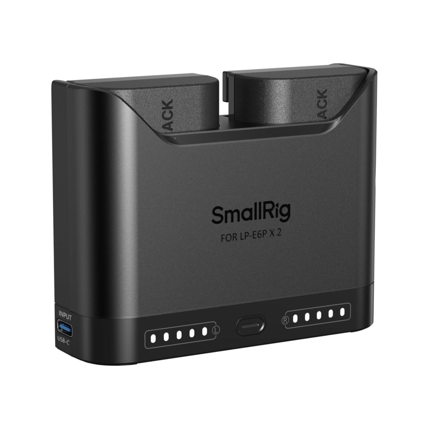 SMALLRIG LP-E6P camera battery set with dual slot charger and 2520mAh batteries for Canon cameras, compact and reliable power solution.