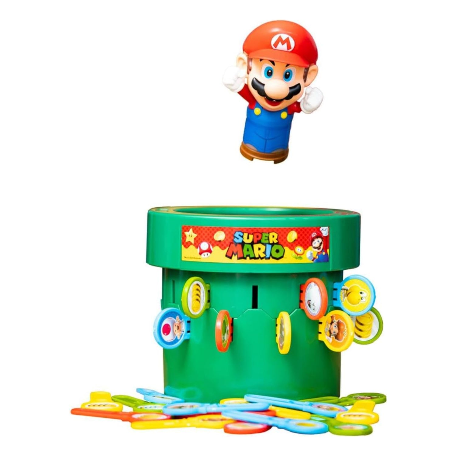 TOMY Pop Up Super Mario game set up for indoor play, featuring colorful Mario-themed game pieces for family fun.