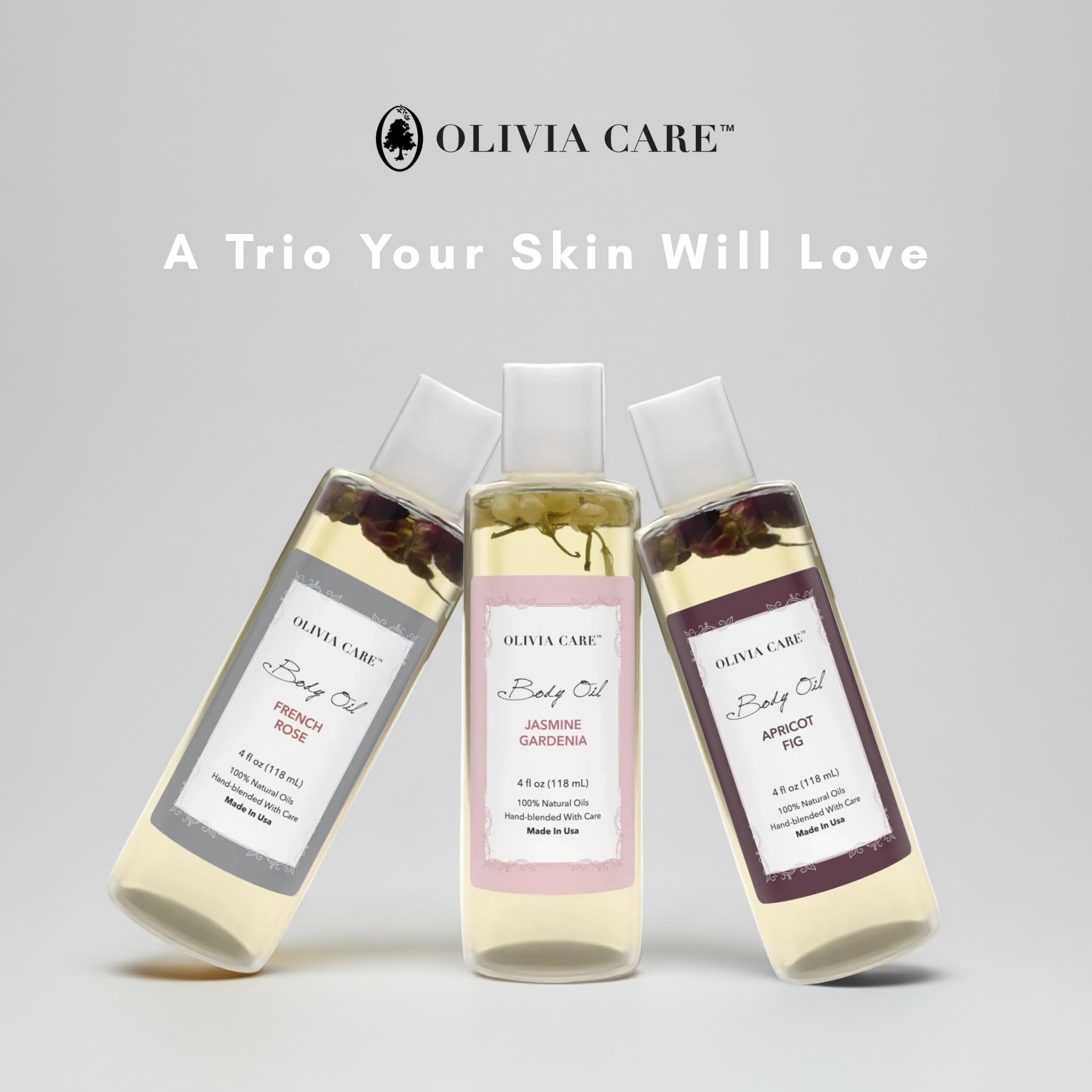 Olivia Care Body Oil Trio - Apricot Fig, French Rose & Jasmine Gardenia (3 pack - 4 fl. oz. each) - Natural Body Oils For Women/After Bath Body Moisturizers, Rich in Vitamin E, K, & Omega fatty Acids - Olivia Care Official Product View 7