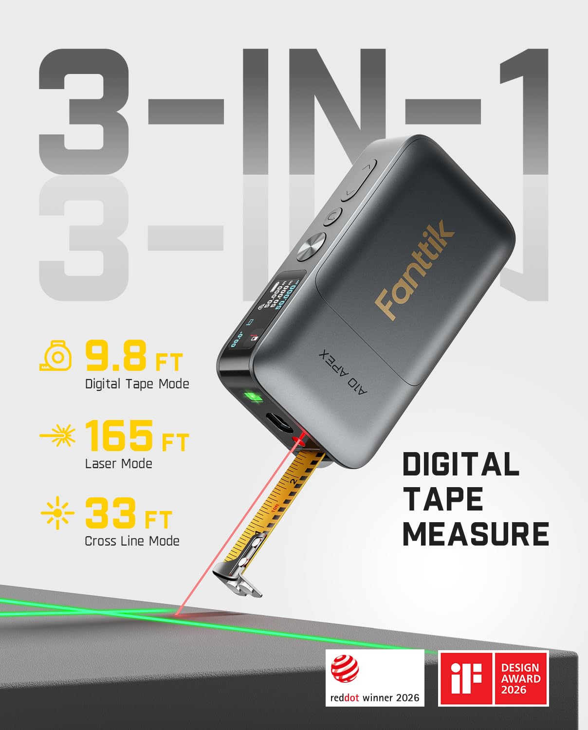 Fanttik A10 Apex 3-in-1 Digital Laser Tape Measure with Cross Lin by Fanttik - Angle View 2