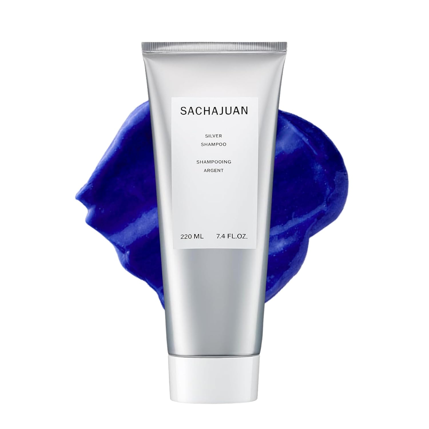 SACHAJUAN Silver Shampoo bottle for blonde and gray hair, featuring sleek packaging and purple-tinted formula for toning.