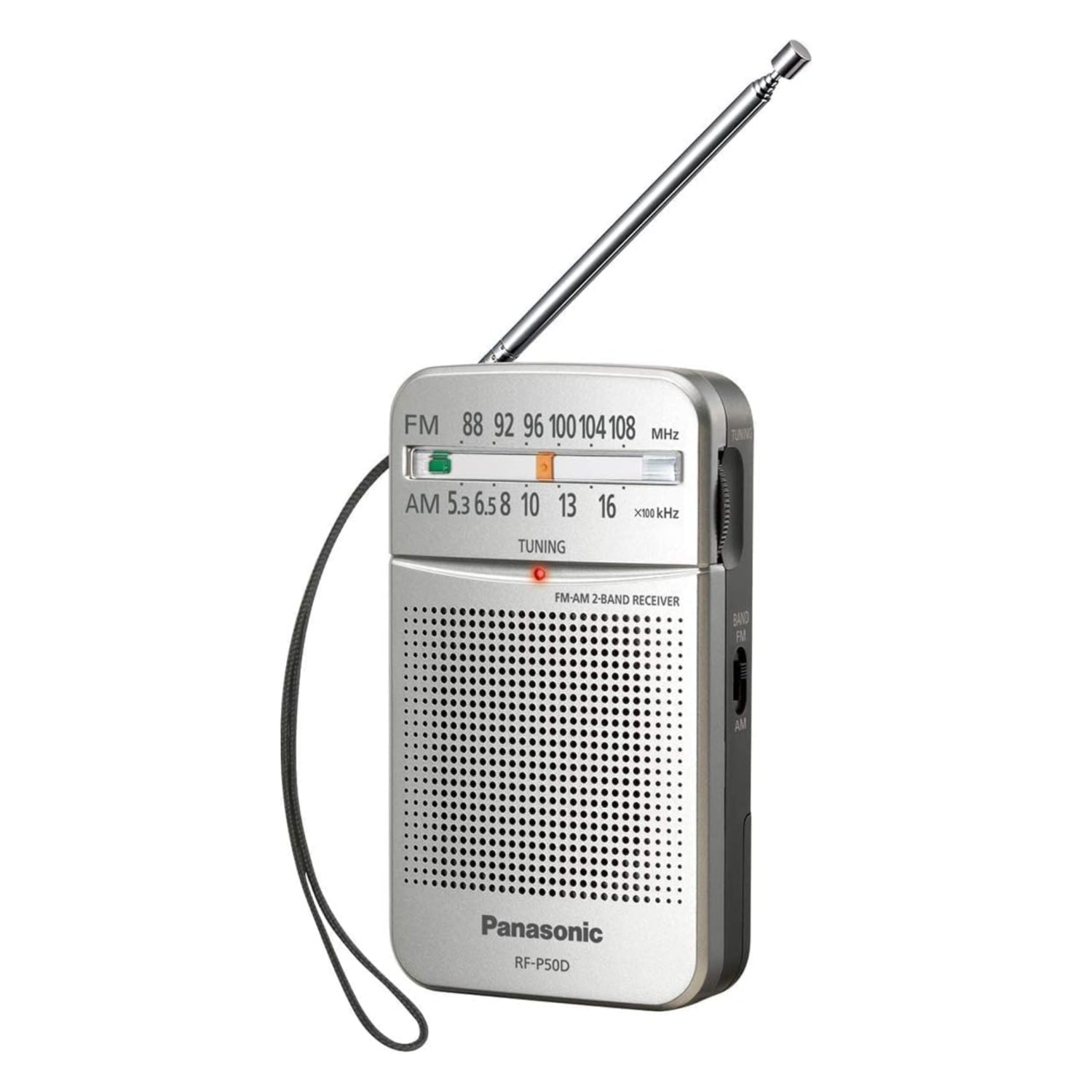 Panasonic RF-P50D portable FM/AM radio with digital tuner, large dial and compact design for easy listening on the go.