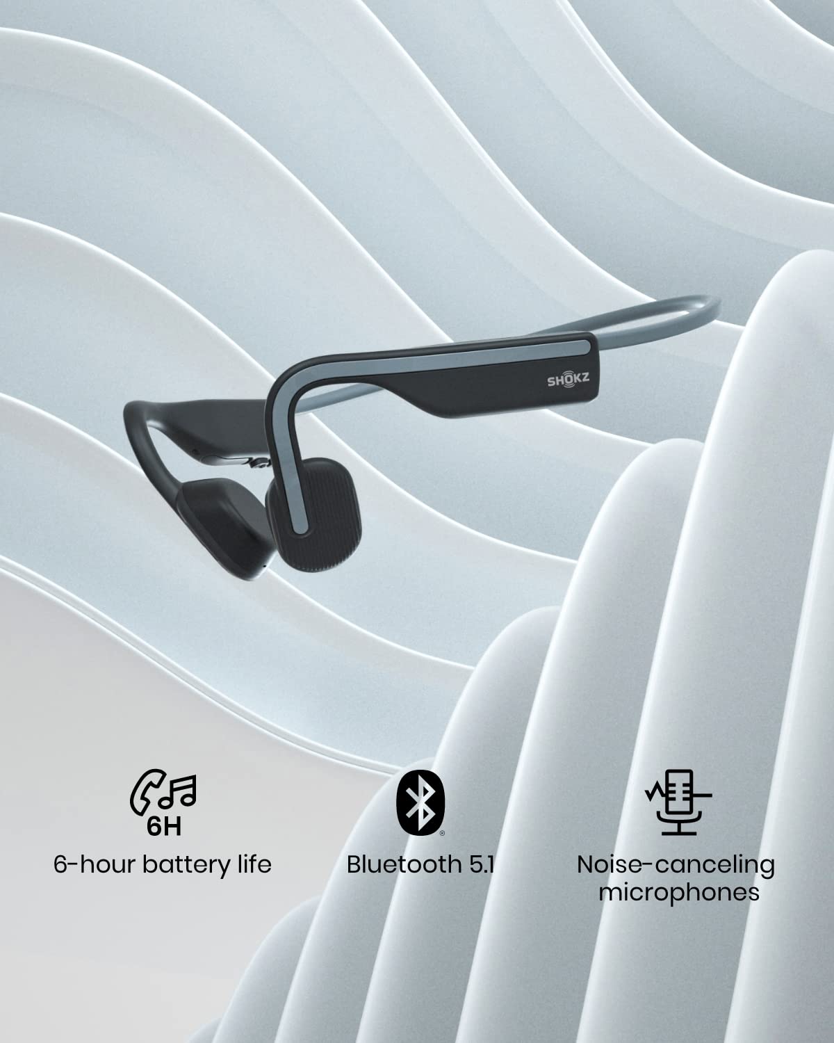 SHOKZ OpenMove open-ear Bluetooth sport headphones in grey, bone conduction wireless earphones with sweatproof design for running and workouts.