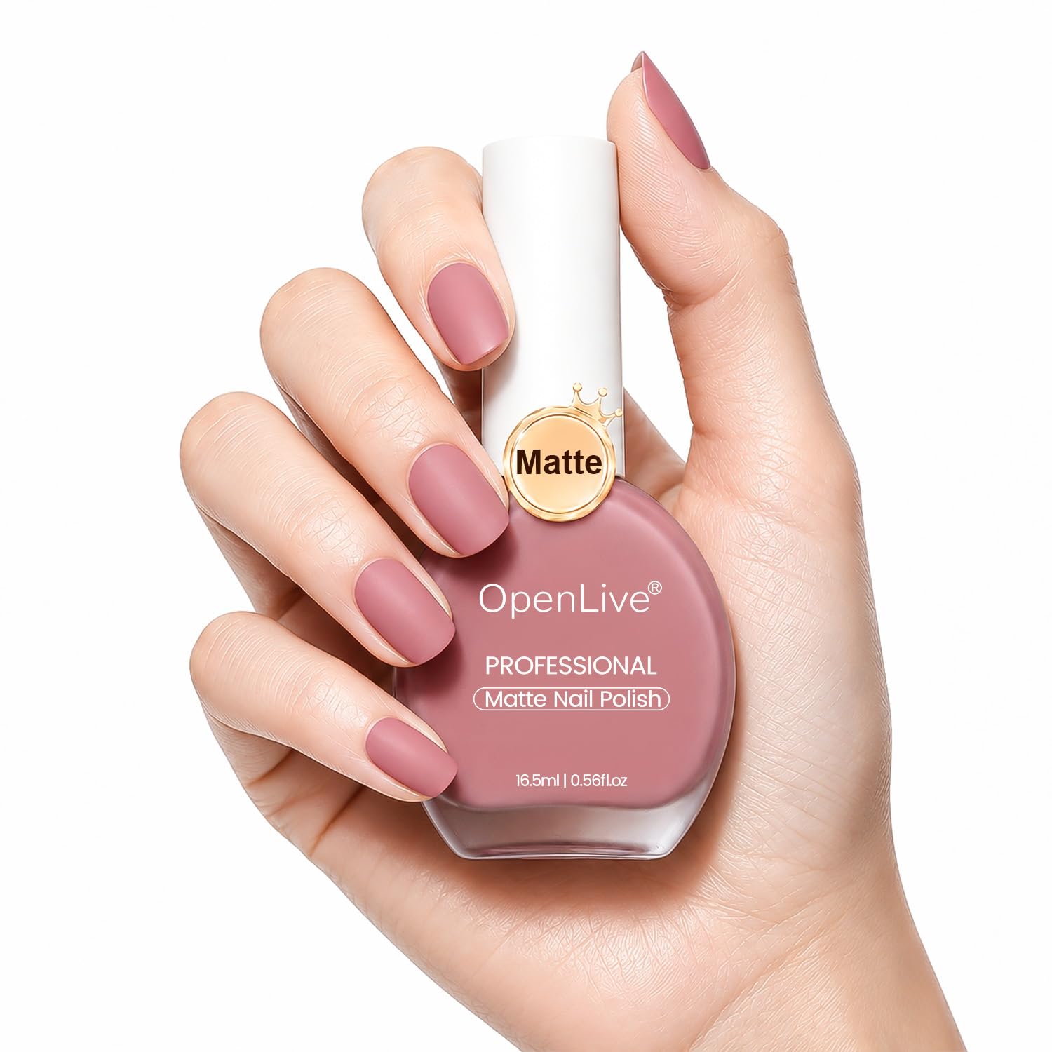 OpenLive Dusty Rose matte nail polish bottle with 16.5ml volume, quick drying formula, displayed on a neutral background.