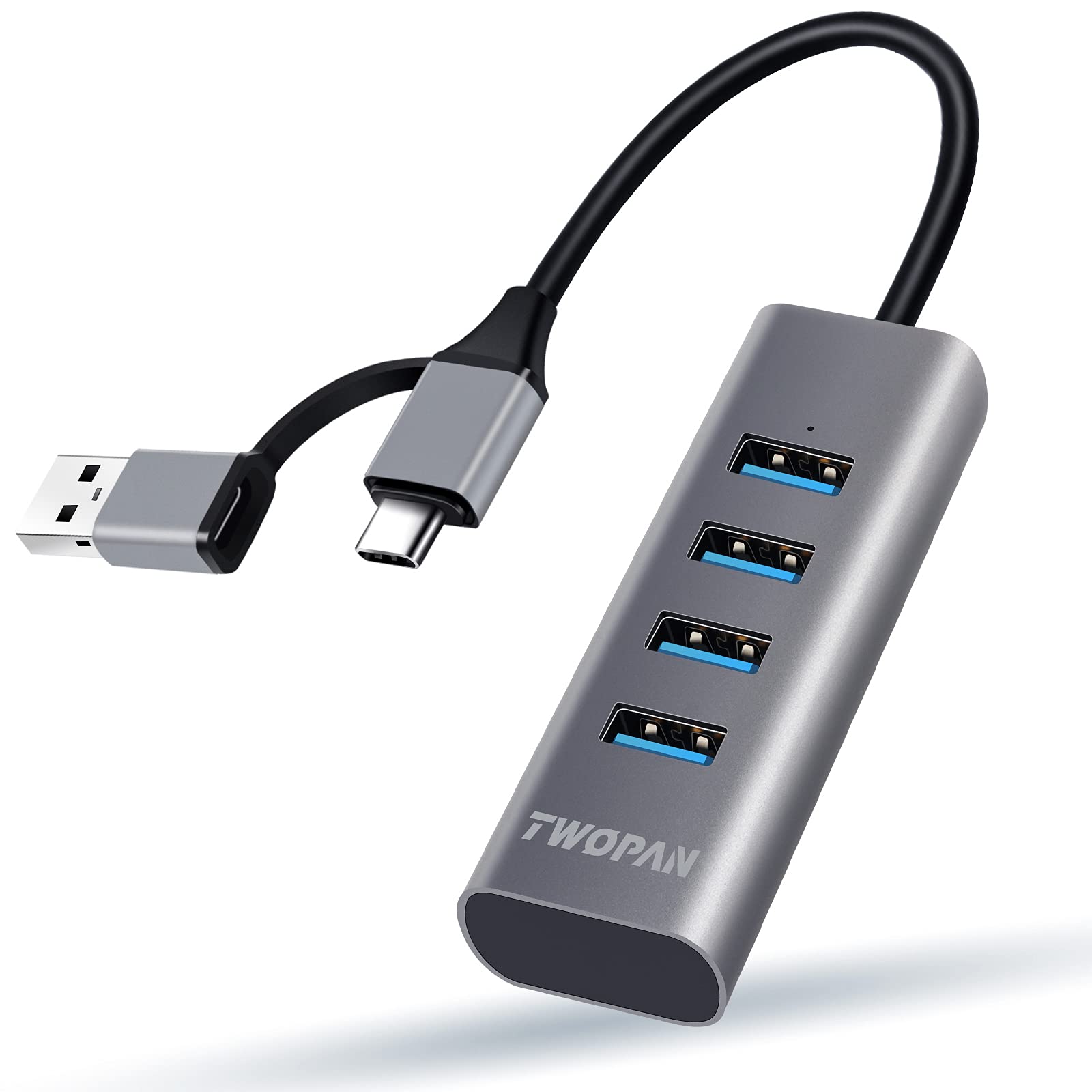 TWOPAN 4-Port USB 3.0 Hub for Laptop, Aluminum Alloy, USB-A & USB-C Plugs, 5Gbps Data Transfer, Compatible with MacBook Pro/Air, iMac, iPhone 16/15, Desktops, Tablets, Keyboard, Mouse, Mobile HDD