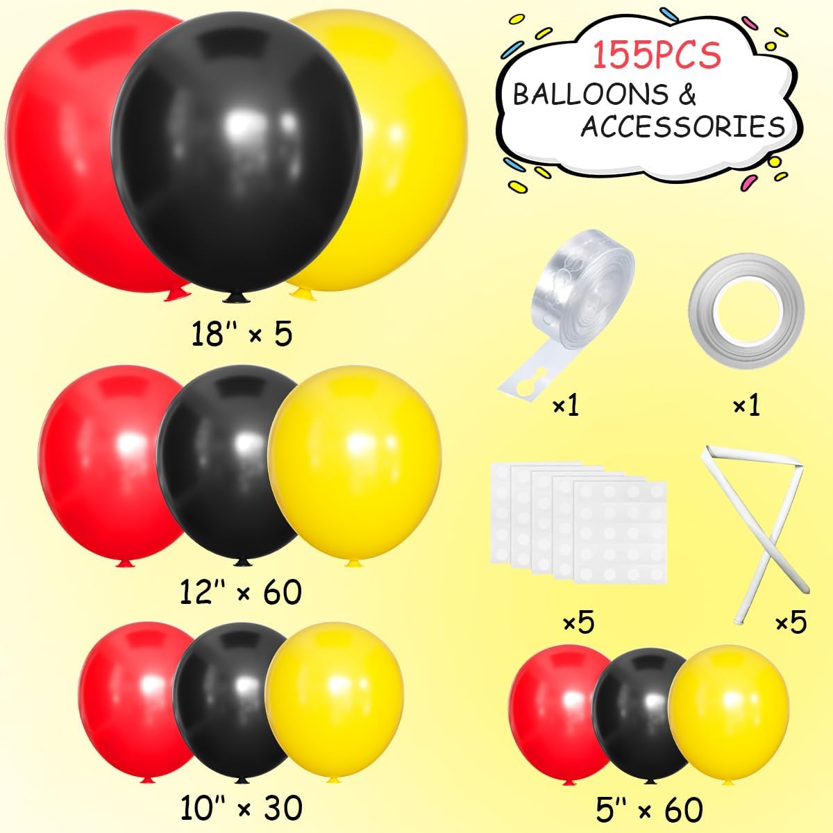 MEBAY Red Black Yellow Balloon Garland Arch Kit, 155Pcs Latex Balloons Different