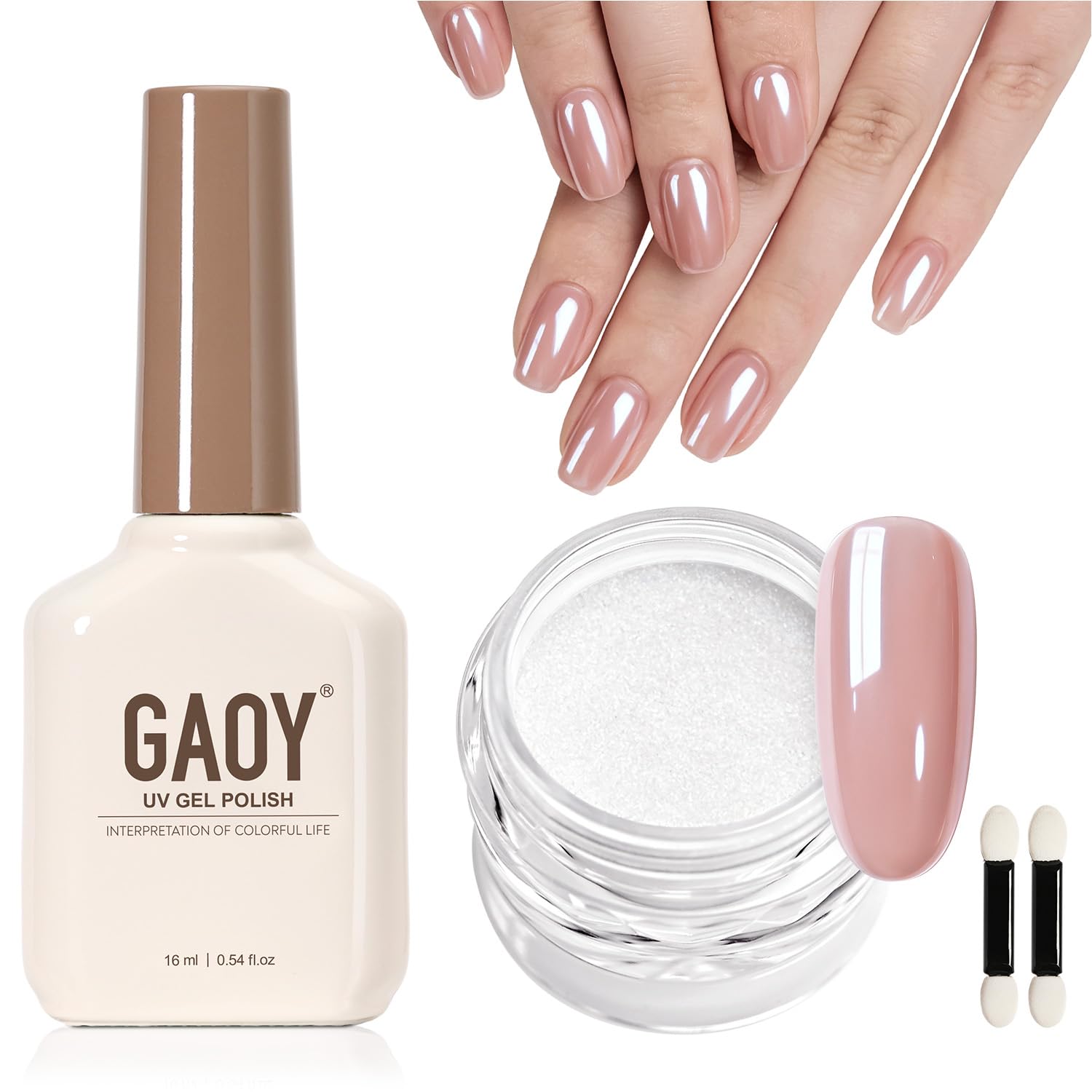 GAOY White Pearl Chrome Nail Powder & Gel Polish 1301 Kit, Mirror Effect Iridescent Aurora Powder, Shimmer Glitter Pigment Mermaid Nail Art, Lustrous White