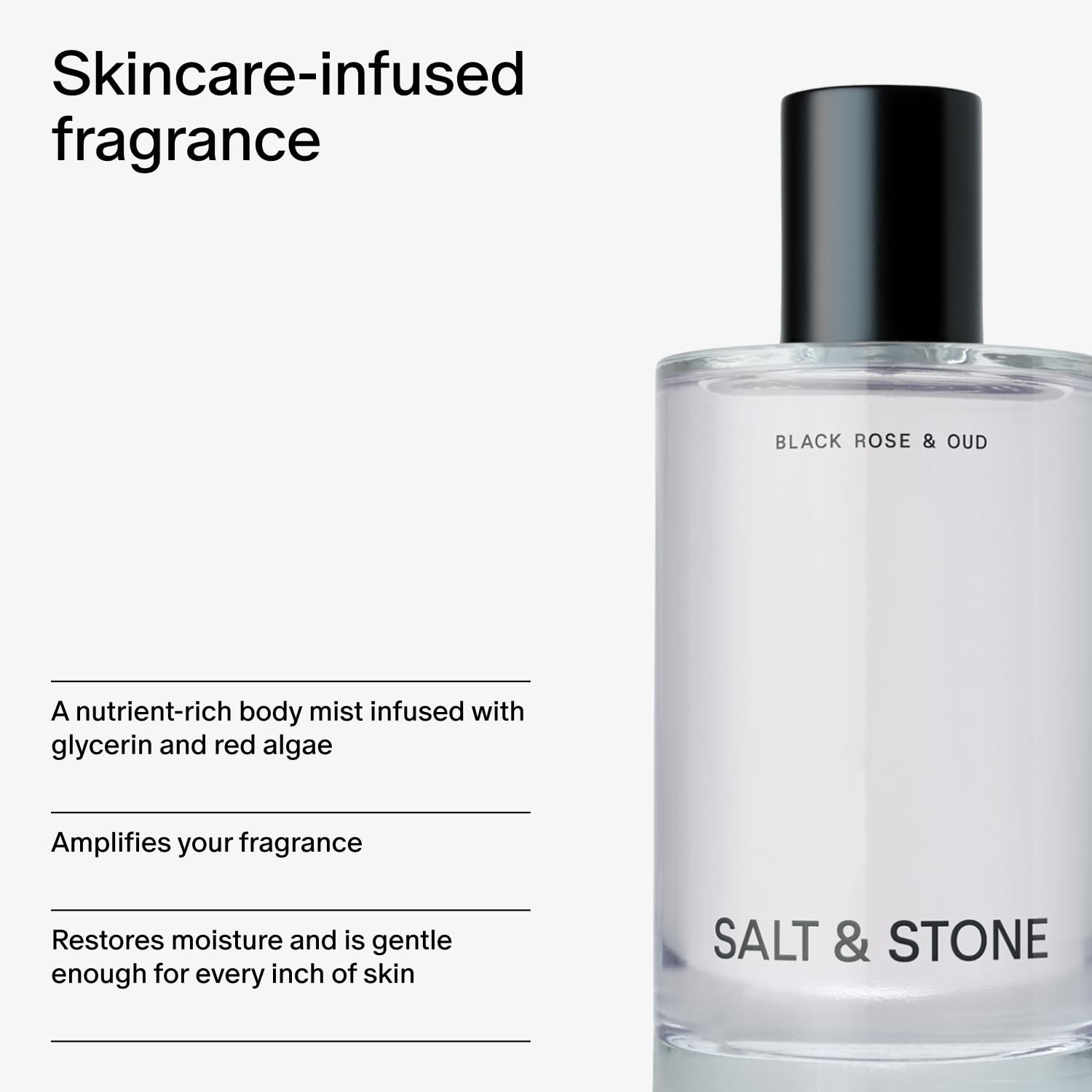 Salt & Stone Black Rose & Oud body mist spray for women and men, infused with skincare for hair and body.