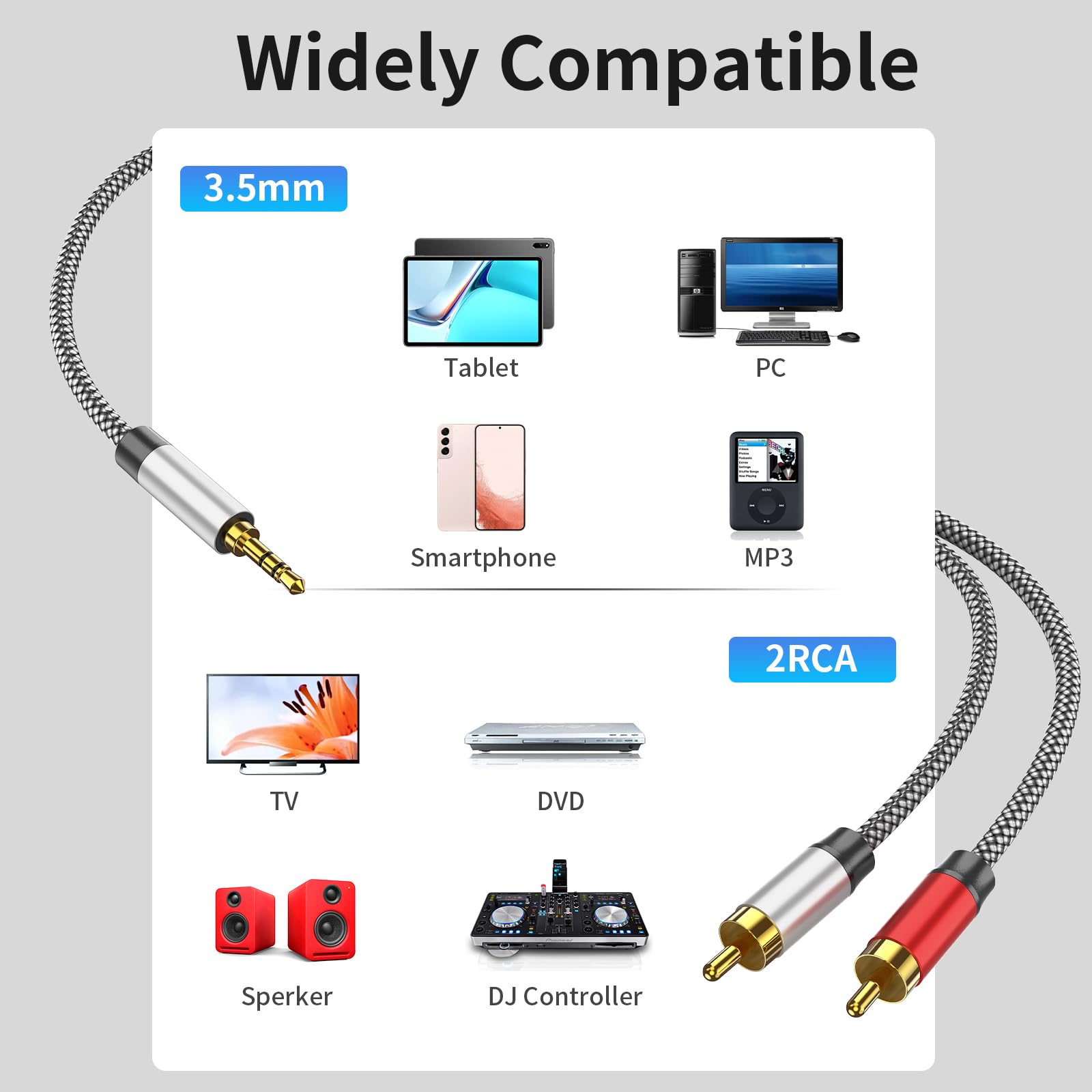 PPTVC 3.5mm to 2RCA Audio Cable 3ft, Auxiliary Adapter,Stereo Spl by PPTVC - Angle View 3